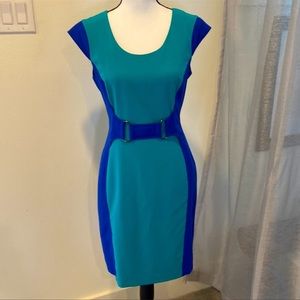Marc NY color block blue/teal dress with belt accent